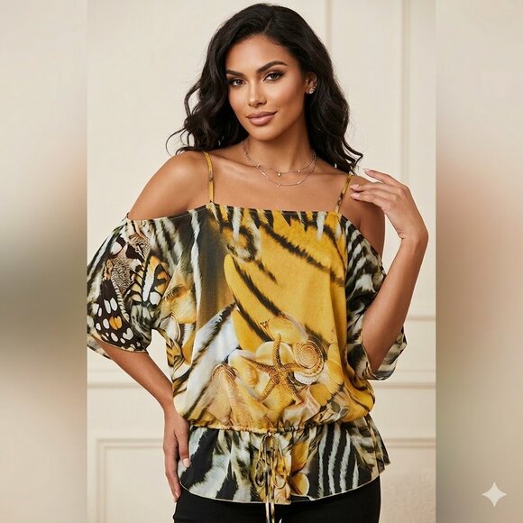 Flordelmar Tops - Women's Yellow Animal-Print Off-Shoulder Blouse